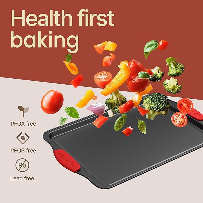 BAKKEN 8-Piece Kitchen Oven Baking Pans Set - Deluxe Nonstick Gray Marble Coating, Professional Grade Carbon Steel Bakeware with Silicone Handles - Oven, Dishwasher, and Freezer Safe