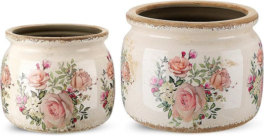 2 Pcs 7.7" & 5.9" Large Ceramic Plant Pot Beige Pink Rustic Rose Crackle Glaze Rustic Flowers Pot Decorative Planter with Drainage for Indoor Outdoor Plants Home Kitchen Office Decor Gift