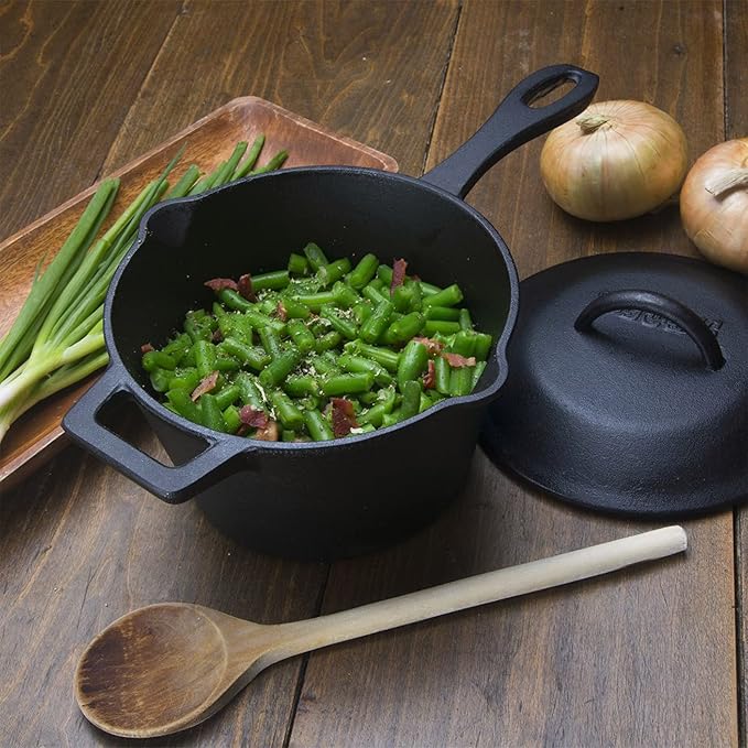 Bayou Classic 7448 2.5-qt Cast Iron Covered Sauce Pot Features Self-Basting Domed Lid Perfect For Reducing Sauces Simmering Soups or Boiling Eggs