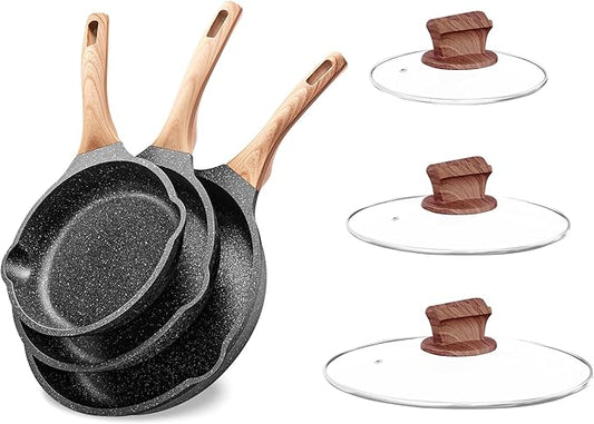 YIIFEEO Non Stick Frying Pan Set with Lids, Granite Skillet Set, Egg Omelette Pans for Cooking Pan Set, No Toxic Kitchen Cookware Set Compatible with All Stovetops (Gas & Induction), PFOA Free, Gift