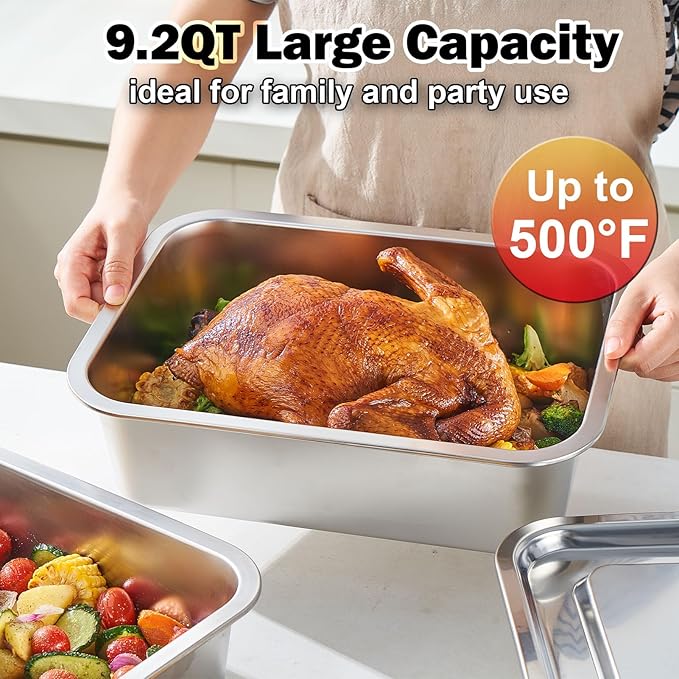 4-Piece 4 Inch Extra Deep Lasagna Pan with Lid, 11.6x15.6 Inch 9.2QT Large Stainless Steel Nonstick Lasagna Baking Roasting Dish Pan for Oven(L, 2 Pack)