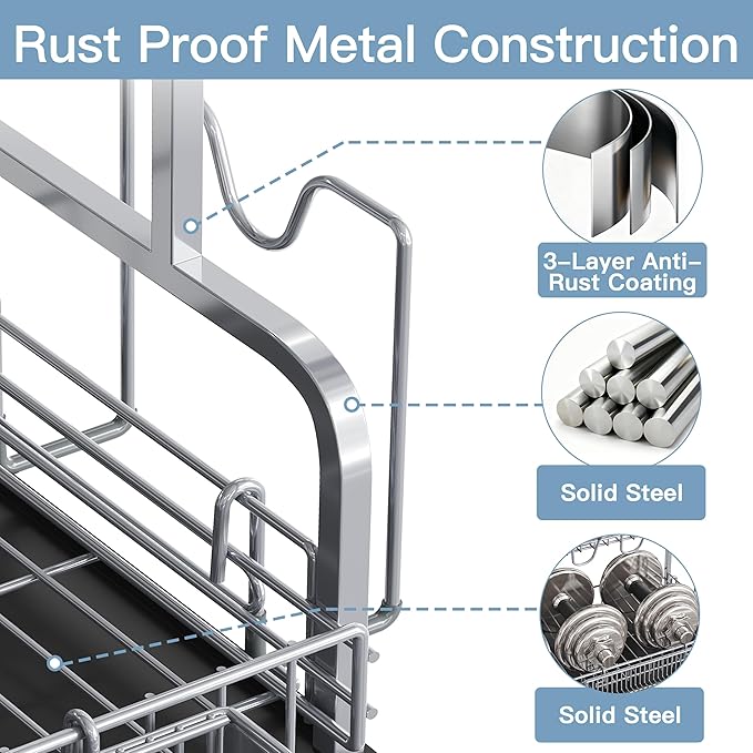 2 Tier Stainless Steel Large Capacity Dish Drainers Drying Rack for Kitchen Counter, Metal Gray Rust Proof Plate Strainers Holder On Countertop with Drainboard Tray, Space Saving, Aesthetic Modern