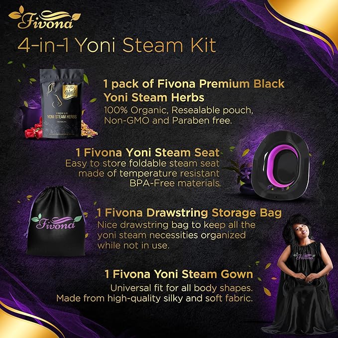 FIVONA 4 in 1 Yoni Steam Kit Black - Foldable Over The Toilet Steamer Seat with Herbal Blend, Storage Bag and Steam Gown - Effective Detox pH Balance Cleansing and Relaxation