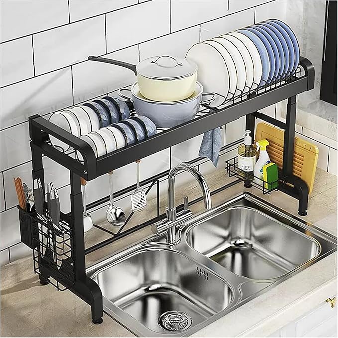 Expandable Over Sink Dish Drying Rack, Adjustable Stainless Steel Kitchen Storage Organizer, 2-Tier Space Saver Counter Rack in Black