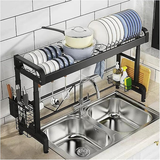 Expandable Over Sink Dish Drying Rack, Adjustable Stainless Steel Kitchen Storage Organizer, 2-Tier Space Saver Counter Rack in Black