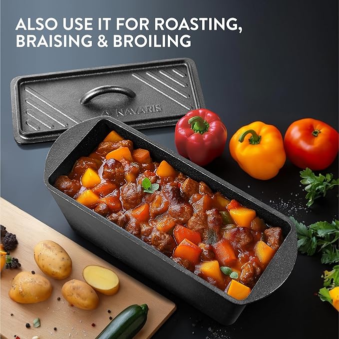 Navaris Cast Iron Bread Loaf Tin with Lid, 34cm, Black - Even Heat Distribution - Pre-Seasoned Non-Stick Baking Pan - Cake and Bread Tins for Roasting, Oven Cooking & Grilling