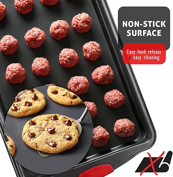 Baking Sheet Set, 3-Piece Cookie Sheet Set with Silicone Handles, Steel Baking Pan, Durable Baking Sheets for Oven, BPA Free Cookie Sheets for Baking Nonstick Set, Premium Sheet Pan, Black Baking Tray
