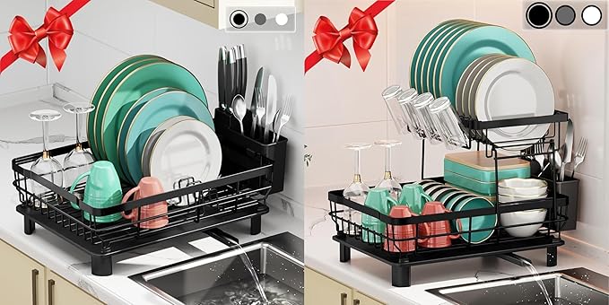 MOUKABAL 2-Tier Kitchen Dish Drying Rack with Removable Utensil Holder, Large Capacity Drying Rack with Drainboard for Kitchen Sink Counter (Black, Metal)