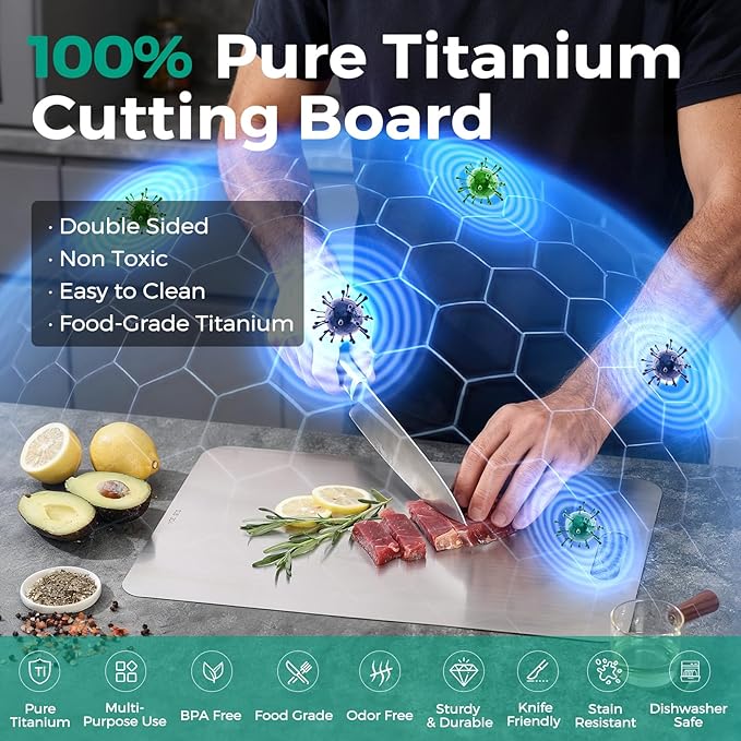Katuchef Titanium Cutting Board - Upgraded 100% Pure Titanium Cutting Boards for Kitchen Non Toxic, Double-Grade Hygiene Durable Non Moldy Dishwasher Safe Meat Fruit Metal Board (2PC 11 * 15.5 Inch)