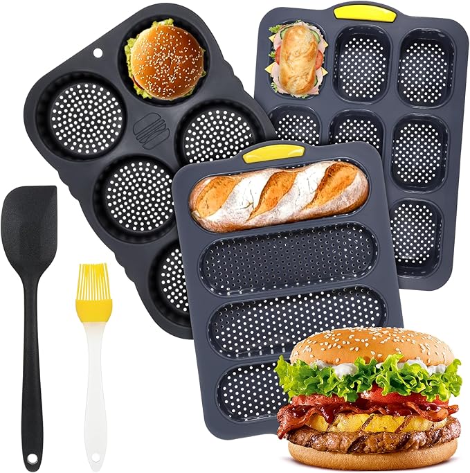 Set of 5 Silicone Hamburger Bun Mold, 4/6/9 Cup Silicone Hotdog Bun Pan with Spatula Brush, Mini Baguette Pans Bread Baking Pan for Homemade Hamburger Buns