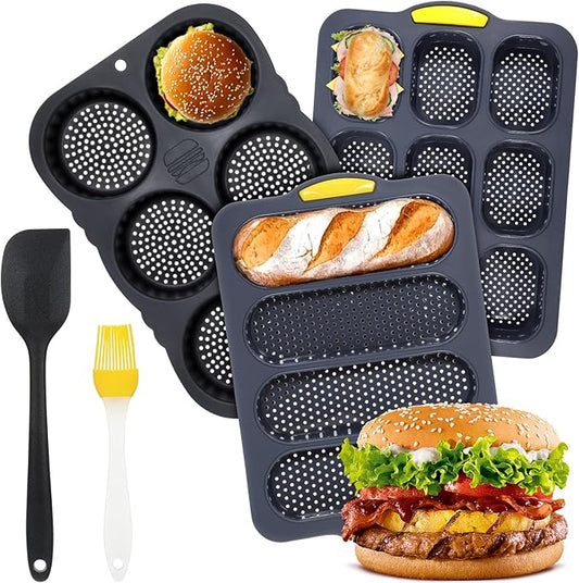 Set of 5 Silicone Hamburger Bun Mold, 4/6/9 Cup Silicone Hotdog Bun Pan with Spatula Brush, Mini Baguette Pans Bread Baking Pan for Homemade Hamburger Buns