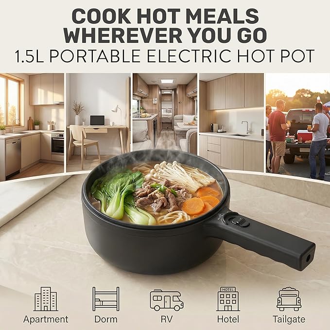 Hot Pot Electric 1.5L CERAMAX, Non-Toxic Ceramic Cooker with Steamer & Lid for Ramen, Pasta, Eggs, Soup - Portable for Dorms, Camping, RVs, Office, Adjustable Temp