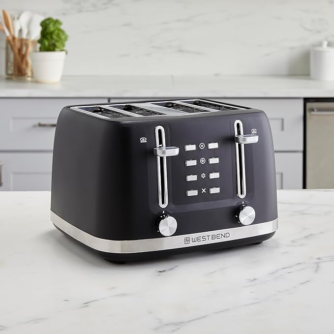 West Bend Toaster 4-Slice Extra-Wide and Deep Slots with 3 Functions and 7 Shade Settings Manual Toast Lift Lever Auto Shut-Off and Removable Crumb Tray, 1500-Watts, Black