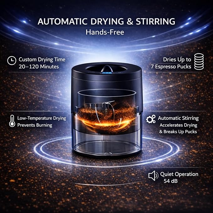 Automatic Coffee Grounds Dryer for Coffee Bar Accessories & Espresso Accessories, Hands-Free Low-Temp Drying (20–120 Min), Prevents Odor & Mold, Reuse Grounds for DIY, 120V 150W
