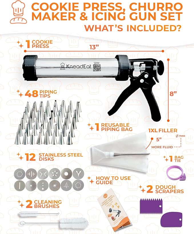 KneadEat Premium 68pc Churro Maker - Spritz Cookie Press Gun Kit - Icing Gun. 12 Cookie and Churro Discs. 48 Icing Tips. XL Filler. Piping Bag. Brushes. For Churros, Cookies and Cake Decorating.