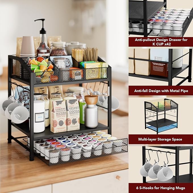 Coffee Bar Organizer - Countertop Coffee Station, 42 K Cup holder Storage Basket with Drawer and Hooks for Syrup, Cups, Stirrer, Condiment, Tea Organizer, Black