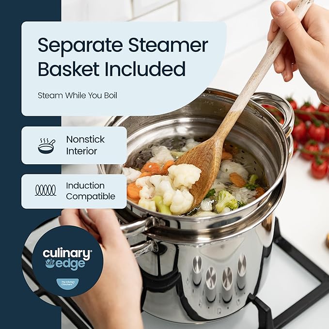 Culinary Edge 4-Piece Multi Cooker Stainless Steel Steamer Pot | Stockpot, Pasta Insert, Steamer Basket & Glass Lid | Pasta Pot Cooking Set for Meat, Vegetables, Seafood, Tamales, Soup & More | 4 Qt