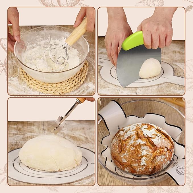 Sourdough Starter Kit, Sourdough Bread Baking Supplies with 40oz Jar, 10" & 11" Cotton Banneton Proofing Baskets Set - Artisan Bread Tools, Silicone Sling for Homemade Sourdough Baking
