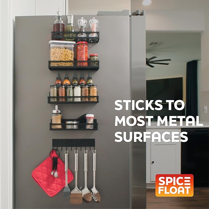 SPICE FLOAT Magnetic Spice Organizer Racks - 4 Premium Metal Racks + 1 Hanging Hook Bar Kitchen Shelf - Seasoning Organizer For Kitchen Appliances (3.94" x 12.2" x 3.15")