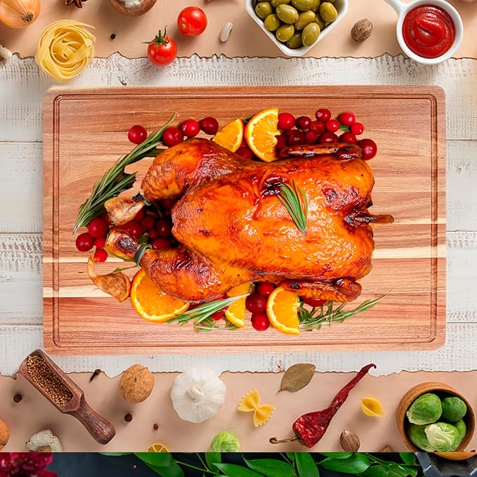 Extra Large Acacia Wood Cutting Board for Kitchen, 24 x 18 Inch Large Butcher Block Chopping Board with Juice Groove, Thick Wood Cutting Boards Carving Board for Turkey Meat Vegetables BBQ