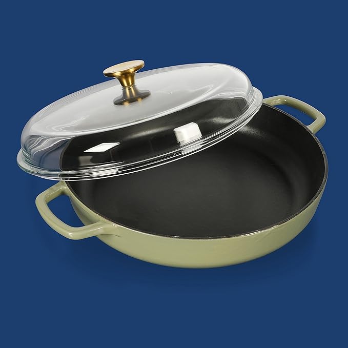 Sur La Table Kitchen Essentials Supper Club 3.75 Quart Enamel Cast Iron All In One Multi-Purpose Non-Toxic Nonstick Braiser Pan W/Borosilicate Glass Lid - Juniper Green
