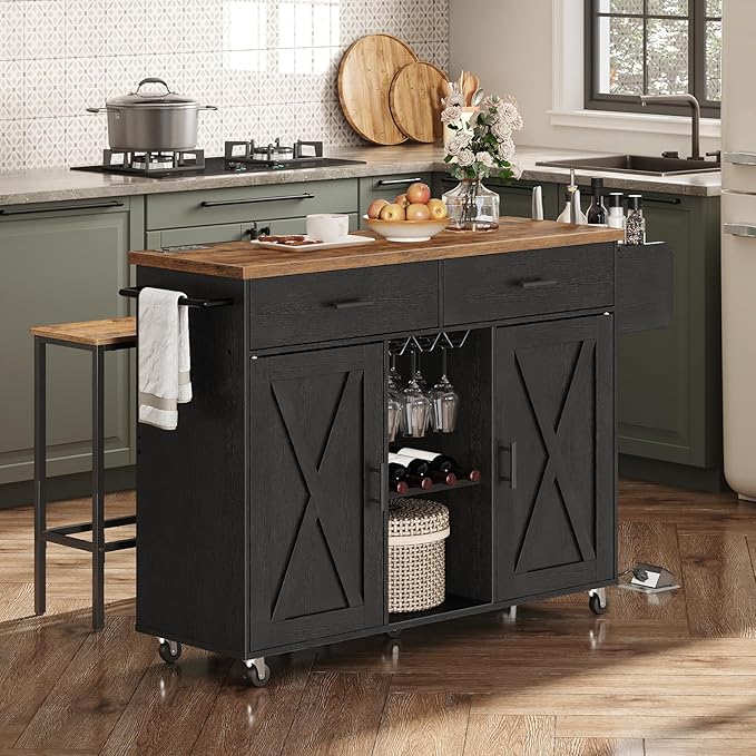 HOOBRO Kitchen Island on Wheels, Rolling Kitchen Island with Power Outlet, Island Table with Storage Cabinet, 2 Drawers, Spice Rack and Towel Rack, Black and Rustic Brown BF14UZD01