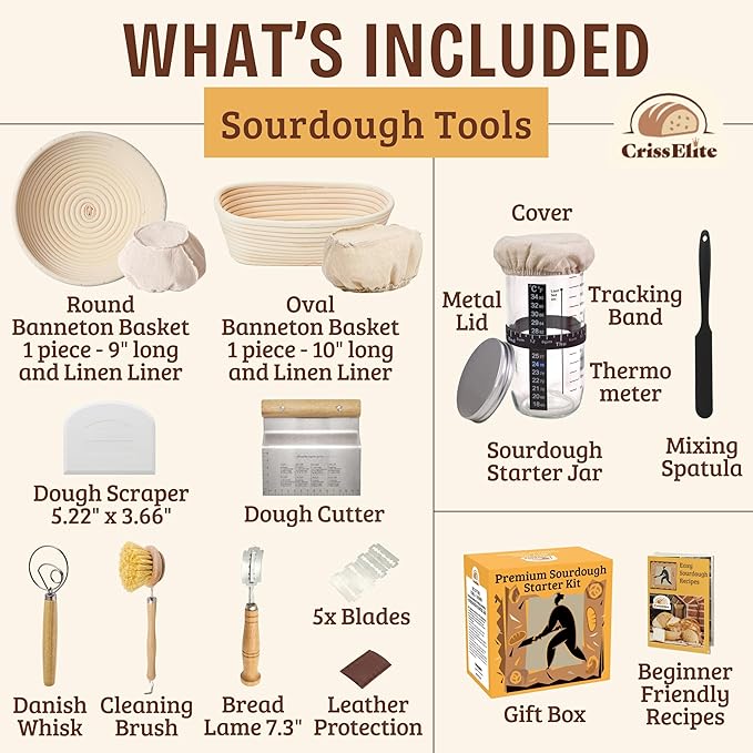Sourdough Starter Kit – Complete Sourdough Bread Baking Supplies with 24oz Glass Sourdough Starter Jar, 9” Round & 10” Oval Banneton Proofing Basket Set, Sourdough Tools