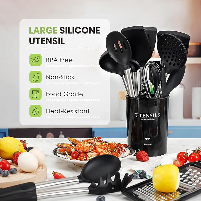 Large Cooking Utensils Set, 35 Pcs Silicone Kitchen Utensils Set with Holder, Stainless Steel Handle Spatula Set, Heat Resistant Food Grade Silicone Kitchen Gadgets for Non-stick Cookware (Black)