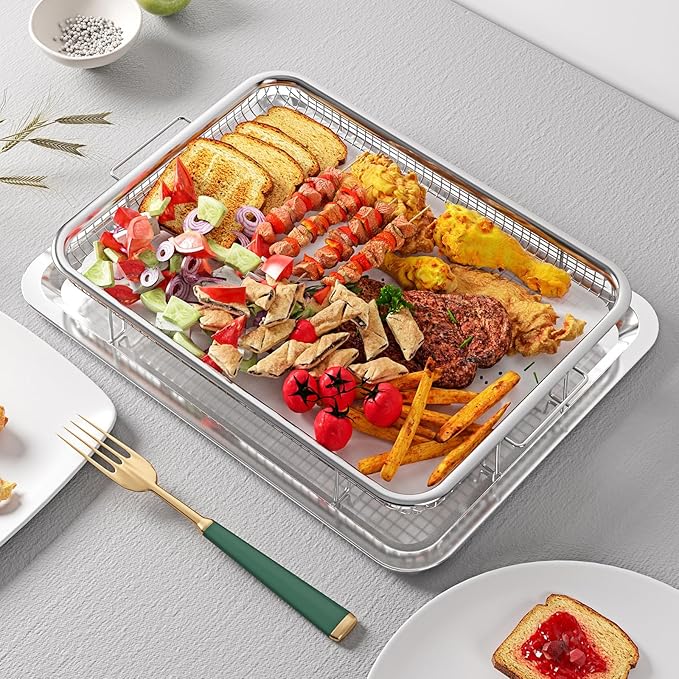 Air Fryer Basket for Oven, OPENICE 15.3" x 11.0" Large Air Fryer Tray and Pan with 30PCS Parchment Papers, Stainless Steel Oven Air Fryer Basket and Tray for Baking Grilling