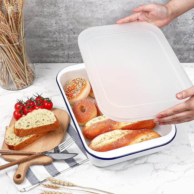 Webake Enamelware 9x13 Baking Pan with Lid Oblong Cake Pan Enameled Steel Roasting Pan Baking Dish Lasagna Pan Food Containers