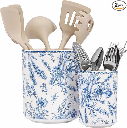Bico Blue Garden Toile De Jouy Ceramic Utensil Holder Set of 2, Ceramic Kitchen Utensil Crocks for Countertop, Large Cooking Tool Holder Counter Decor, Spatula Organizer