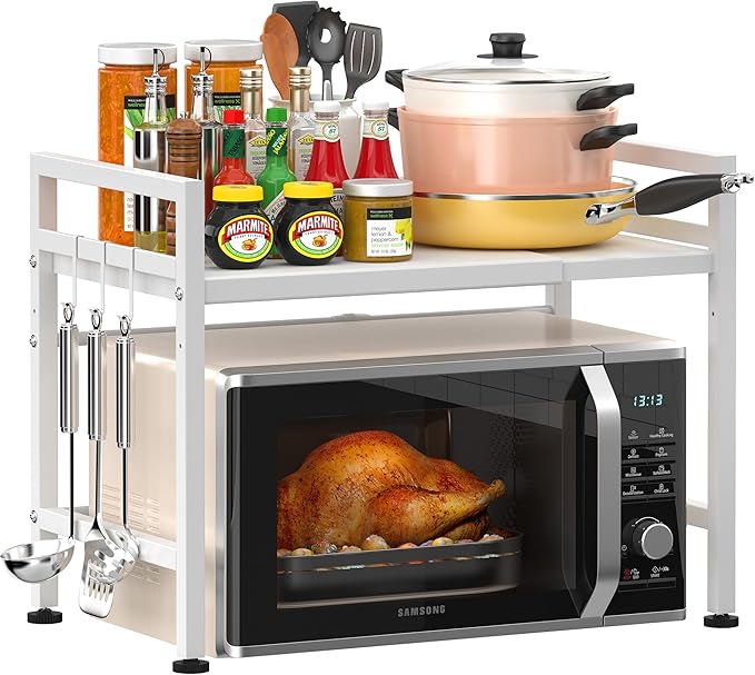 PUSDON Extendable Microwave Oven Rack, Adjustable Microwave/Toaster Shelf Heavy Duty Stand Kitchen Counter Top Organizer(L15.7~23.6" xW12.6 xH18.9), 2-Tier with 3 Hooks, 160lbs Weight Capacity, White