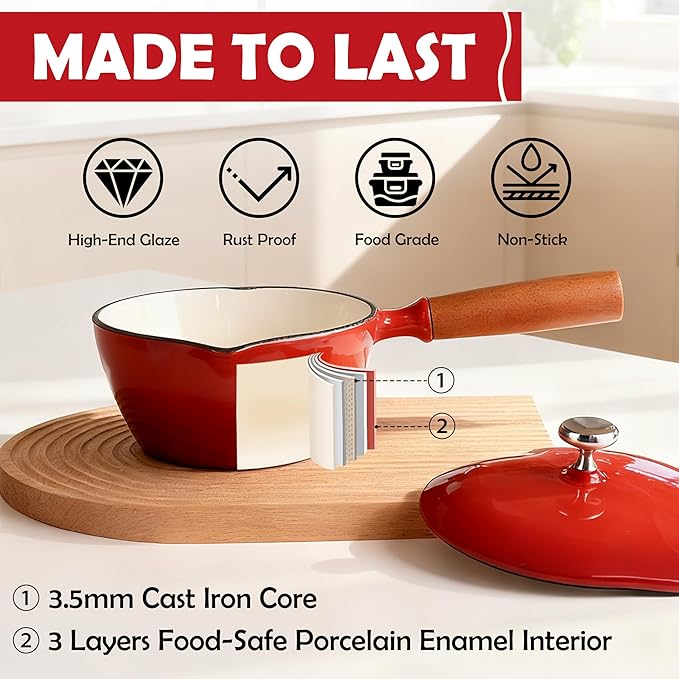 Mabeeze Heart-Shaped Enameled Cast Iron Saucepan with Lid – 1-Quart Red Small Sauce Pot for All Cooktops – Durable, Nonstick Cookware for Milk, Soup, Pasta Sauce – Ideal Gift