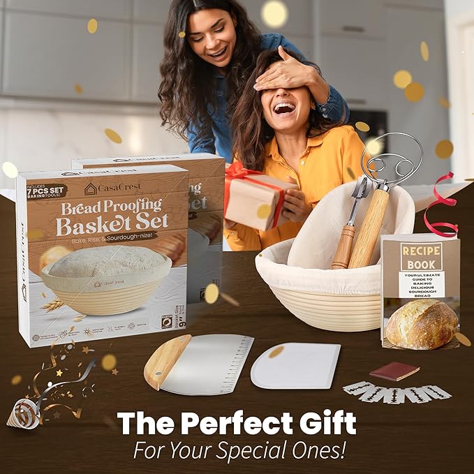 Casa Crest Sourdough Bread Baking Kit - Includes 1 Oval and 1 Round Banneton Basket for Proofing and Rising, Bowl Scraper, Cookbook, Liners, and Tools - Accessories and Supplies for Adults