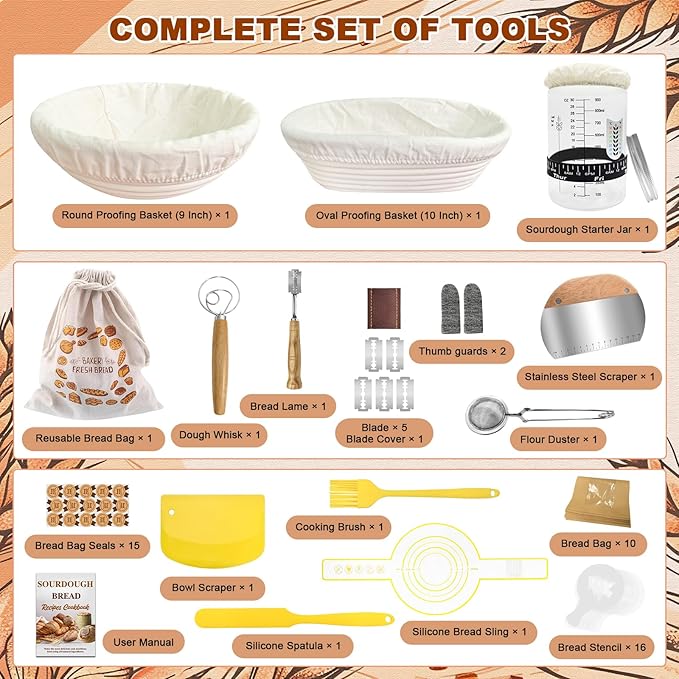 Sourdough Starter Kit,Sourdough Bread Baking Supplies, 9" Round and 10" Oval Banneton Bread Proofing Basket Set with Glass Sourdough Starter Jar, Sourdough Bread Making Tools Kit Gifts for Women Mom