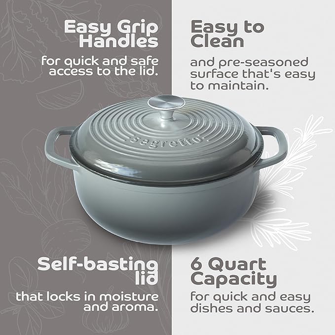 Segretto Cookware Enameled Cast Iron Dutch Oven, 6 Quarts, Gray