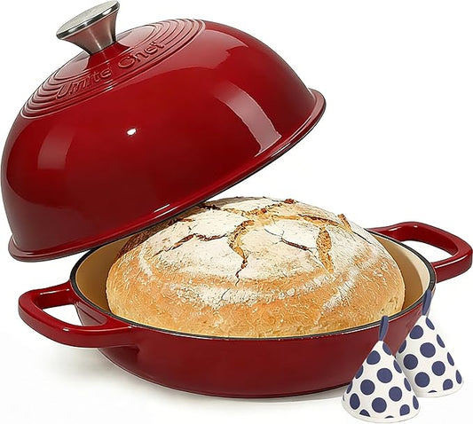 Enamelled Cast Iron Dutch Oven Pot – Dutch Oven Pot with Lid For Sourdough Bread Baking – Cast Iron Bread Oven – Red, Umite Chef 6QT Pot with Lid & Cotton Potholders