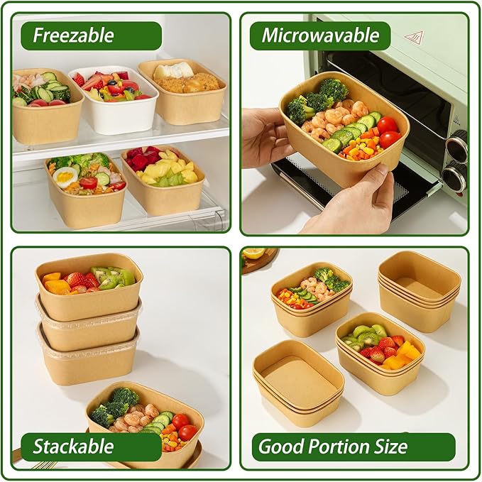 DI QIU REN 50-Pack 29oz Disposable Kraft Paper Bowls【with Lids and Forks】,Meal Prep Containers Disposable To go Food Containers Christmas Take Out Containers, Microwave Safe for Hot/Cold Food