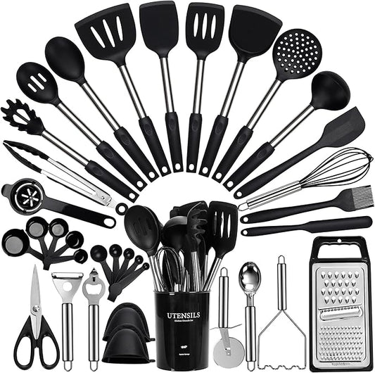 Large Cooking Utensils Set, 35 Pcs Silicone Kitchen Utensils Set with Holder, Stainless Steel Handle Spatula Set, Heat Resistant Food Grade Silicone Kitchen Gadgets for Non-stick Cookware (Black)