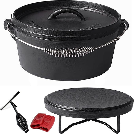 Pre-Seasoned Cast Iron Camp Dutch Oven, 4.1 qt, including Lid Lifter, Lid Stand and Silicone Handle Holders