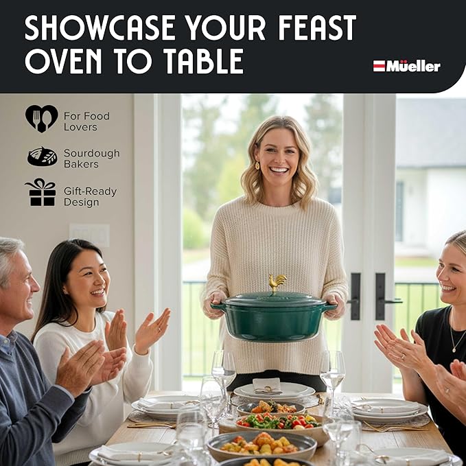 MUELLER HOME 5.5 Quart Enameled Cast Iron Oval Dutch Oven with Rooster Knob and Cotton Potholders, Heavy-Duty Cookware, Oven-Safe up to 500° F & Across All Cooktops, Thanksgiving Essentials, Emerald