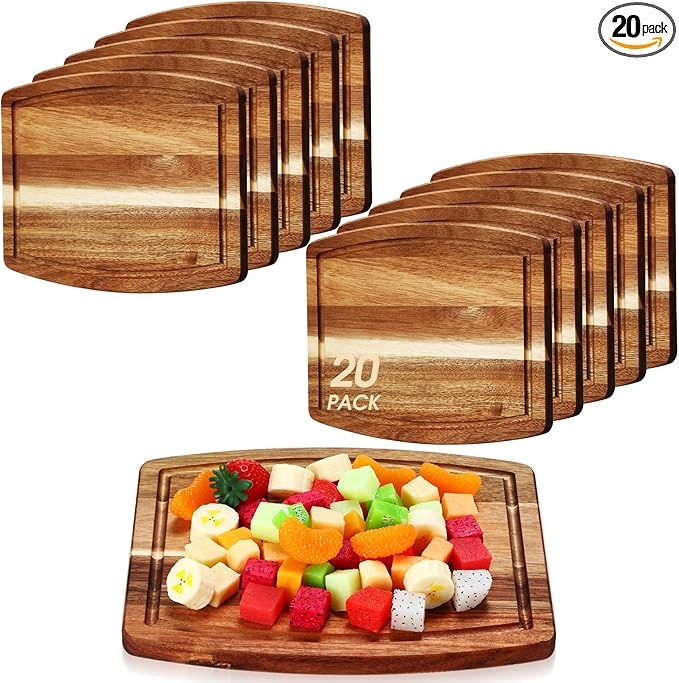 Kigley 20 Pcs Acacia Wood Cutting Boards Bulk for Laser Engraving Wooden Dinner Plates with Groove Chopping Charcuterie Board Carving Tray for Holiday Housewarming Party Gifts (8 x 10 Inch)