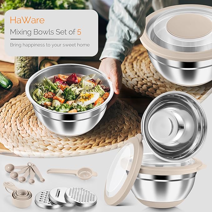 HaWare Mixing Bowls, 24-Piece Stainless Steel Salad Serving Bowl with Airtight Clear Lids, Metal Nesting Bowl For Kitchen Cooking Prepping Storing with 3 Graters, 4.6/2.6/1.5/1/0.7 QT, Khaki