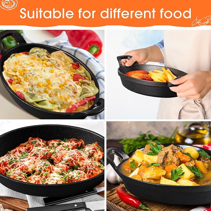 Mifoci 2 Pack Mini Cast Iron Fajita Skillet, 8.5" x 6.1" Oval Sizzling Steak Plate Pan Small Ramekin Set Black Casserole Dish for Stove Oven Grill Restaurant Kitchen Indoor Outdoor Picnic