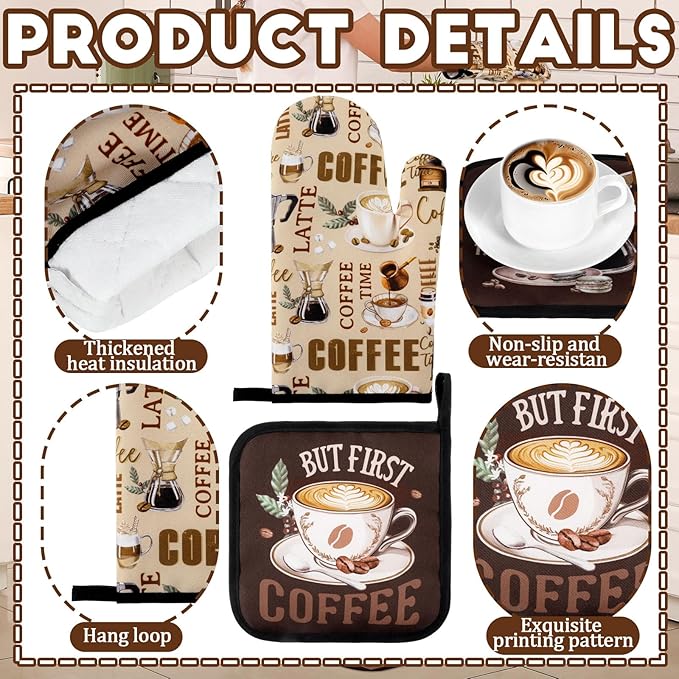 10 Pcs Coffee Kitchen Decor and Accessories Coffee Oven Mitts and Pot Holders Set Dish Towels Farmhouse Kitchen Decor Vintage Brown Gloves for Chef Baking Cooking Grilling BBQ Women Gift