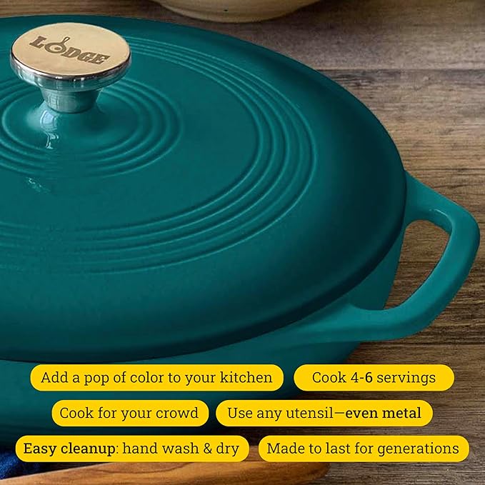 Lodge 3.6 Quart Enameled Cast Iron Covered Casserole with Lid – Dual Handles – Oven Safe up to 500° F or on Stovetop - Use to Marinate, Cook, Bake, Refrigerate and Serve – Lagoon