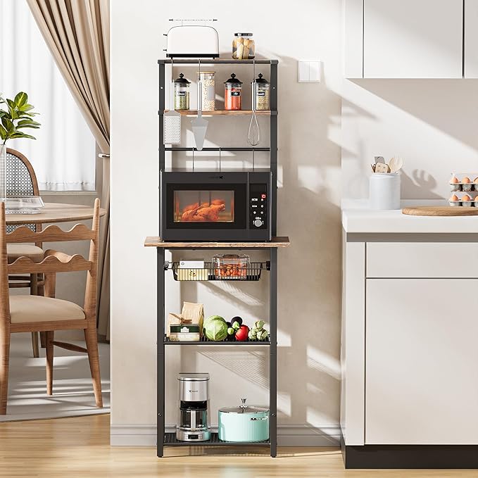 Kitchen Bakers Rack,Coffee Bar Stand Station 6-Tier,Microwave Stand with Storage,Microwave Oven Stand Station,Kitchen Storage Shelf Rack,Kitchen Appliance Organizer,Rustic Brown