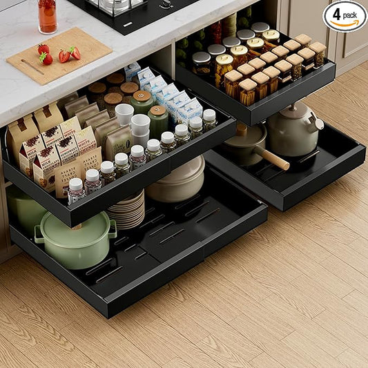 PAKETA 4 Pack Expandable Pull Out Cabinet Organizer, 21'' Deep Pull Out Drawers for Cabinets,Upgrade 3 Slide Rails Sliding Drawer for Kitchen Cabinet Organizer with Adhesive Nano Film (Black)