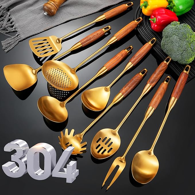 Gold Kitchen Utensils Set, 9 PCS Stainless Steel Cooking Utensils with Wood Handle, Solid and Slotted Spoon, Fork, Spatula, Ladle, Skimmer, Slotted Tunner, Spaghetti and Large Spoon