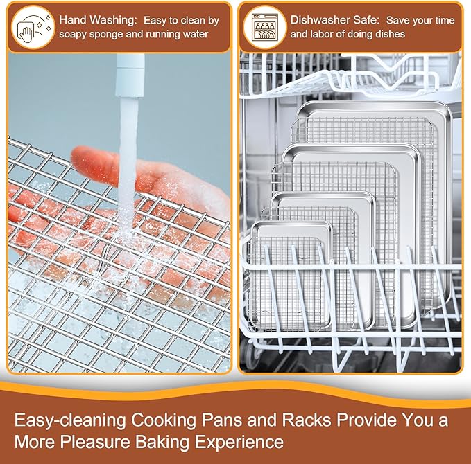 P&P CHEF 16 + 12.5 + 10.4 + 9 Inch Baking Sheet and Rack Set, 8Pcs Stainless Steel Cookie Sheets Oven Baking Pans Trays with Cooling Racks for Cooking, Oven & Dishwasher Safe, Pans with Grid Racks